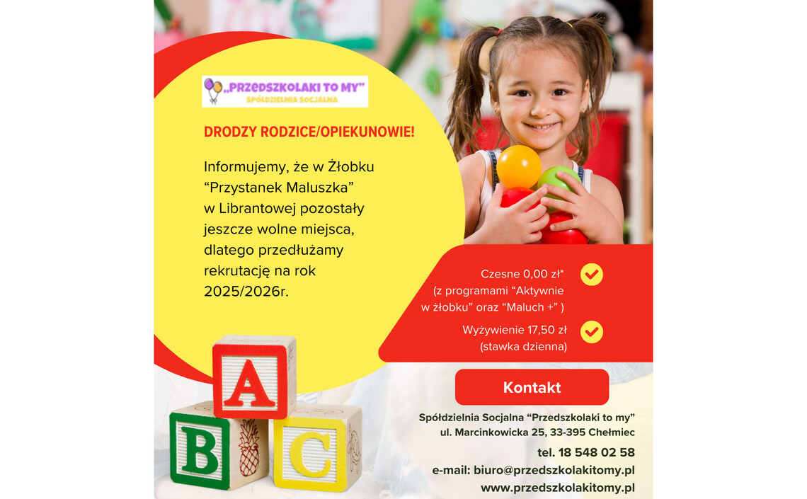 Przedłużamy rekrutację do Żłobka "Przystanek Maluszka" w Librantowej.